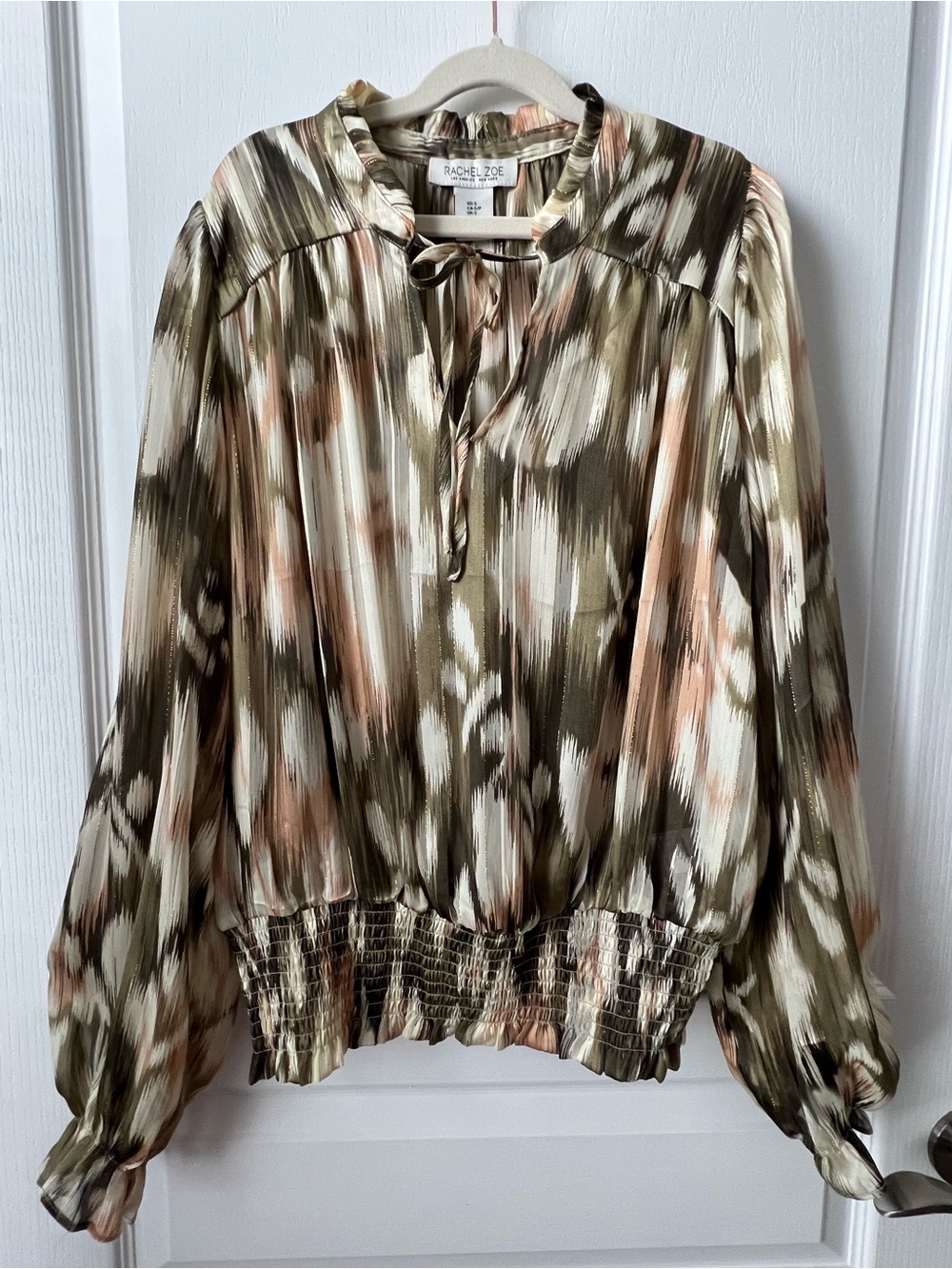 Rachel Zoe Olive, Blush & Cream Print Tie-Neck Blouse